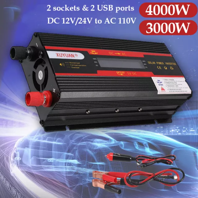 4000W 3000W Car Power Inverter DC 12V To AC 110V 2 AC Outlets RV Solar Converter