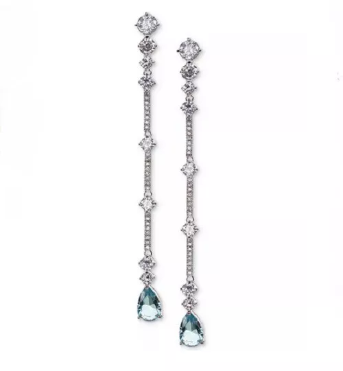 Aqua Pear Fancy CZ Stone Linear Drop Dangle Party Wear Earrings In 925 Silver