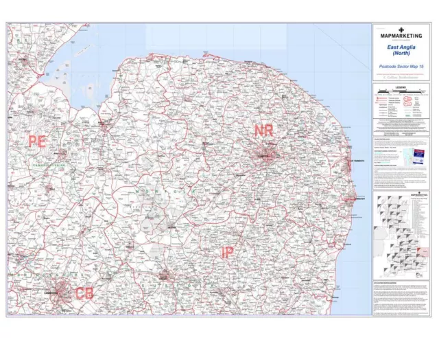 Postcode Sector Map 15 East Anglia (North) - Paper Wall Map