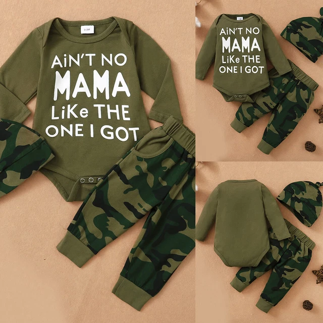 Newborn Baby Boys Camo Letter Printed Romper Pants Hat 3PCS Outfit Clothes Set