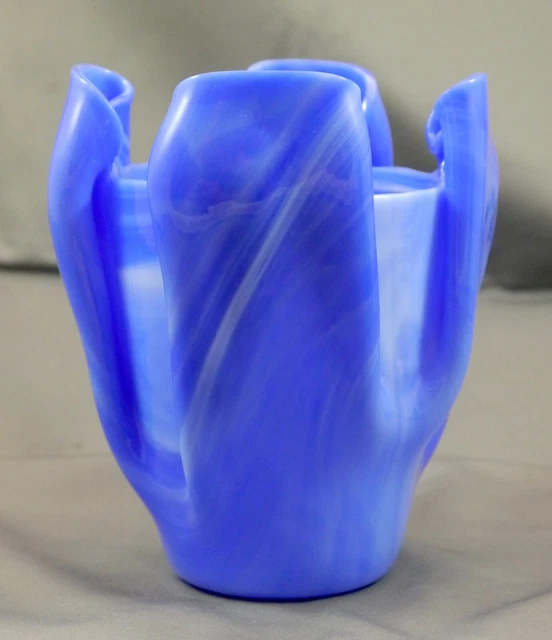 Vintage Blue White Swirl Slag Glass. Studio Art Glass Folded Handkerchief Vase