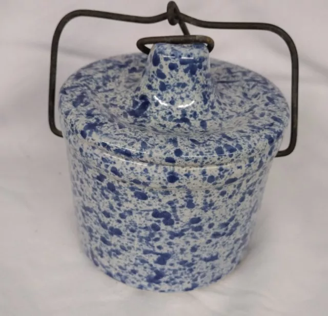 Blue/White Speckled Lidded Pottery Crock With Metal Fastener