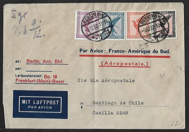 Germany To Chile Air Mail Aeropostale Eagle Stamps On Registered Cover 1932