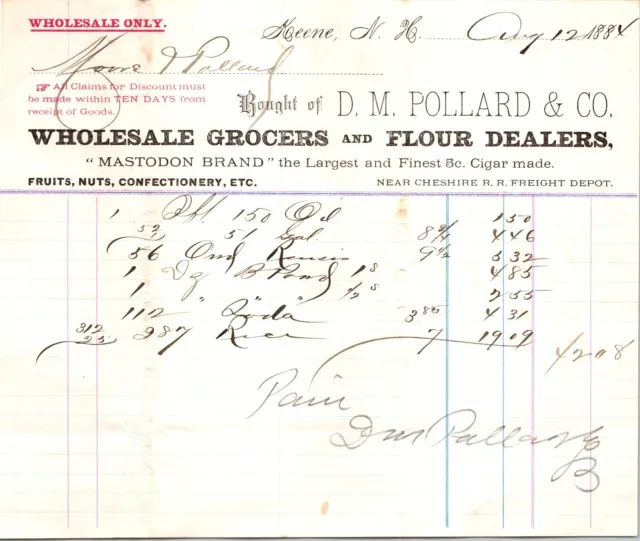 D Pollard Co Keene NH 1884 Billhead Grocers Flour Dealers
