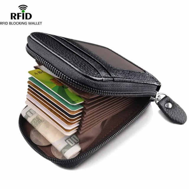Men's Wallet Genuine Leather Credit Card Holder RFID Blocking Zipper Thin Pocket
