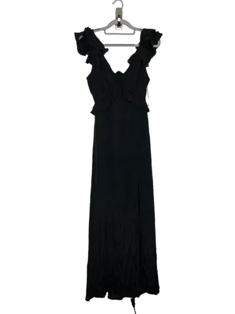 Blue Rain Black Ruffle Maxi Dress Womens Size Small NWT Francesca’s Slit Long