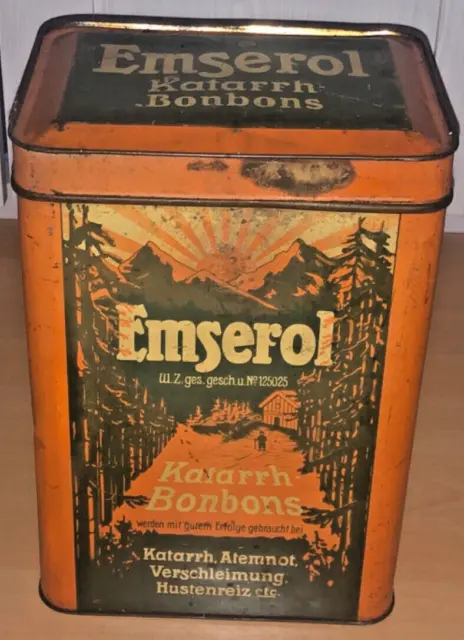 Sehr alte große Blechdose," Emserol Katarrh-Bonbons ",vermutlich 1910-1940,Antik