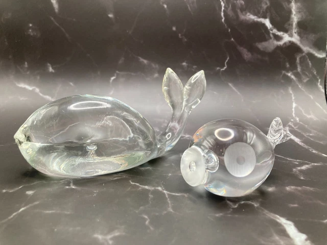 Pair Hadeland Norway Art Glass Crystal Fish Figurine Paperweight Whale AS IS