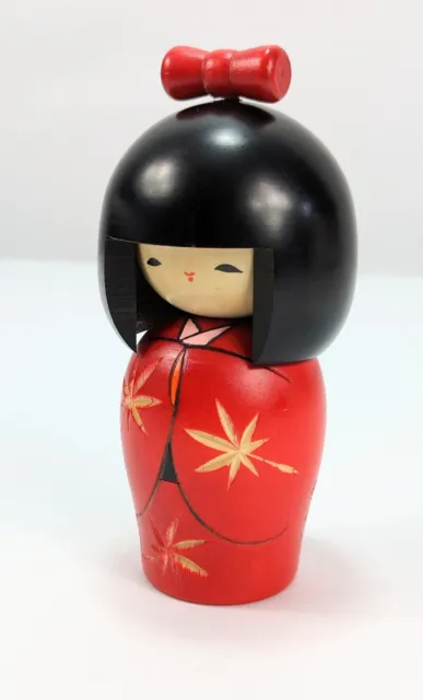 Usaburo Japanese Kokeshi Wooden Doll 5¾" Girl Sosaku Sakura RED Kimono JAPAN