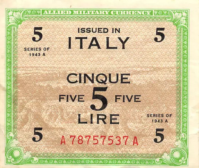 Italy  5  Lire  Series of 1943 A  Block A  WWII Issue  Circulated Banknote Me100