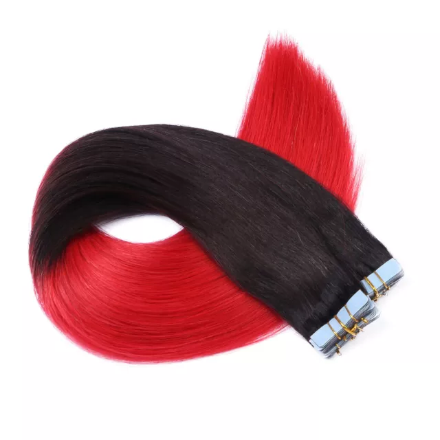 Tape In On 1B-RED OMBRE Hair Extensions 100% Echthaar Remy Haarverlängerung Haar