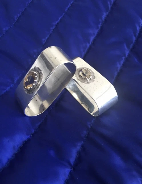 Pair Solid Silver & Gem Stone Citrine Napkin Rings