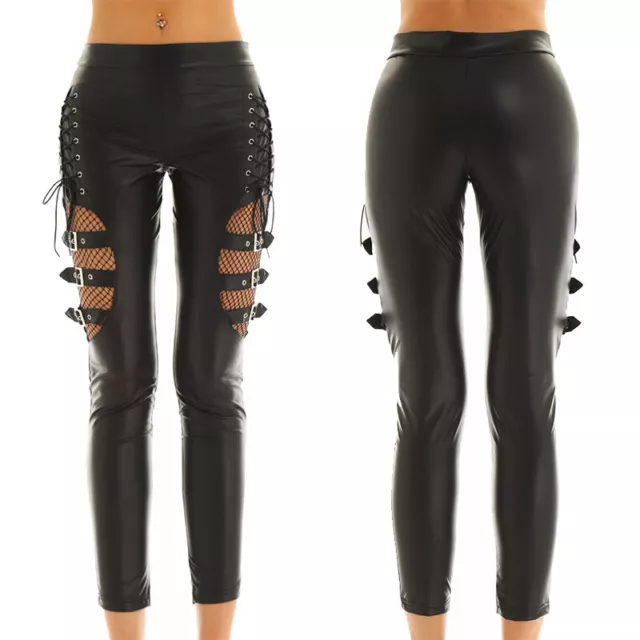Sexy Women Mid Waist Leather Lace Up Pants Stretch Slim Pencil Trousers Leggings