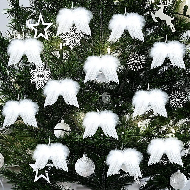 5x White Angel Wings Christmas Feather Baubles XMAS Tree Hanging Ornament Decor