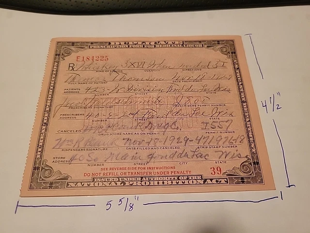 Prohibition  1929-32 Prescription form Medicinal Liquor, WI Alcohol RX, Whiskey 3