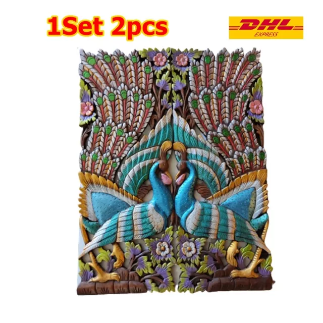 2x Thai Figure Pair Peacock Panels Carved Wood Wall Hanging Home Décor Gift Art