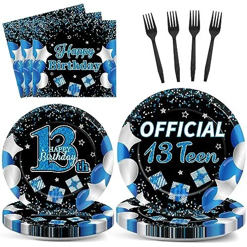 25 Guests 13th Birthday Party Supplies Plates Napkins Forks Set Disposable...