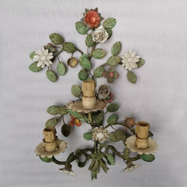 Antique Italian Tole Wall Sconce Fixture 3 Lights Porcelain Flowers Vintage