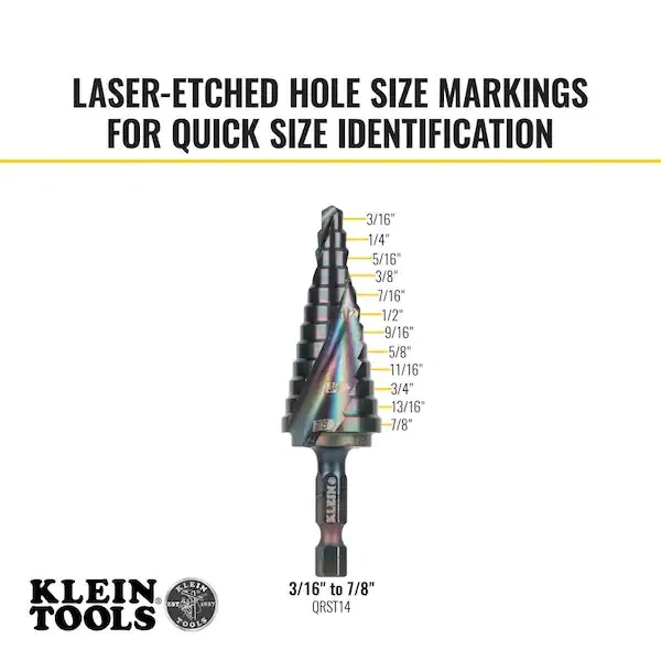 KLEIN TOOLS IMPACT RATED - Quick Release/SPIRAL FLUTE STEP DRILL BIT(3/16"-7/8") 2