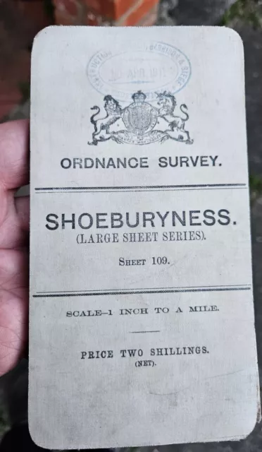 Vintage 1908 Cloth Backed Ordnance Survey Map 1 inch To A Mile Shoeburyness