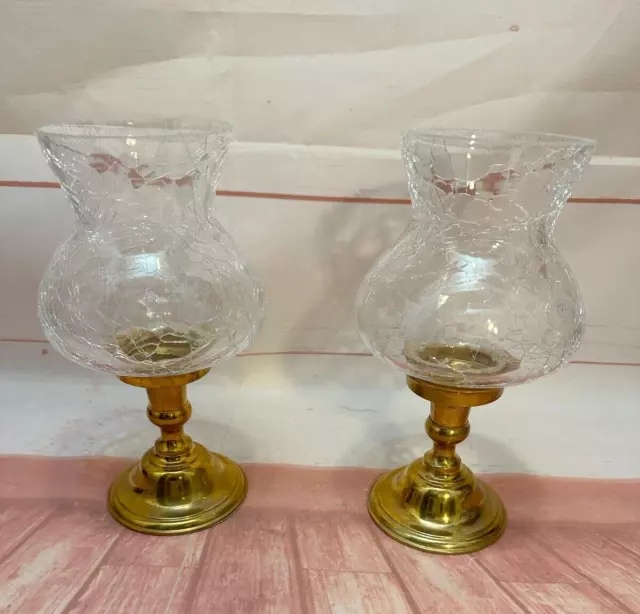 Set of 2 Brass Round Base Candle Stick Holders Crackle Glass Hurricanes Globes