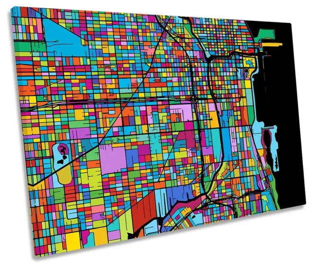 Chicago City Modern Map Picture SINGLE CANVAS WALL ART Print Multi-Coloured