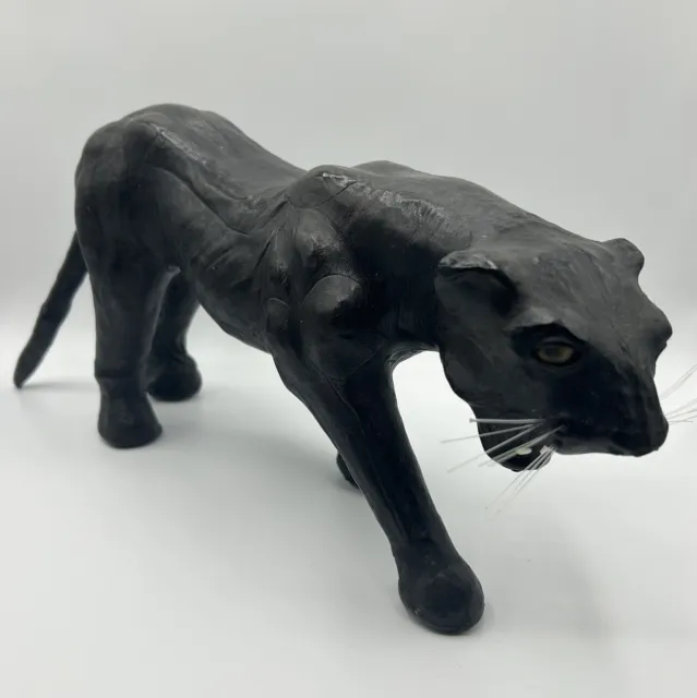 Black Panther Cat Leather Wrapped Animal Sculpture Statue Yellow Glass Eyes