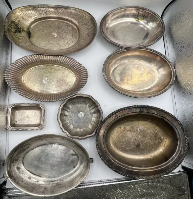 Assorted Lot Of 13 Silver Plated Trays Plates Bowls Fruit Basket