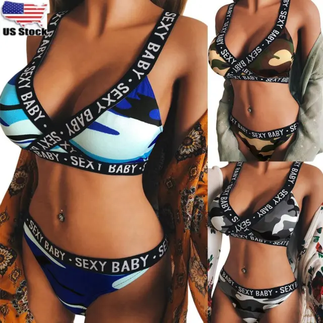 Sexy Womens Camo Bra Baby Lingerie  Underwear Set Babydoll Beach Thong Nightwear