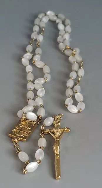 Gold Tone Chain ROSARY w/White Milky Color Beads. Picture Of Pope In Center