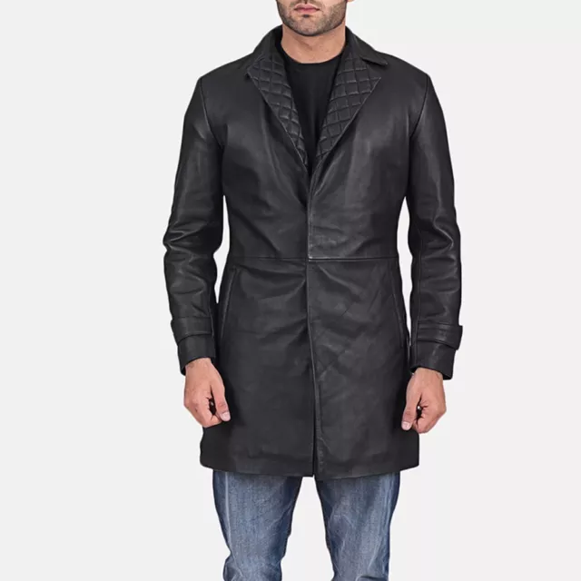 Jacket Leather Biker Motorcycle Mens Long Coat Blazer Vintage Lambskin Black 2