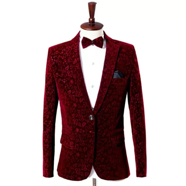 Uomo Floreale Rosso Velluto Suit Giacca e Pantaloni Set Nozze Smoking Ballo Cena