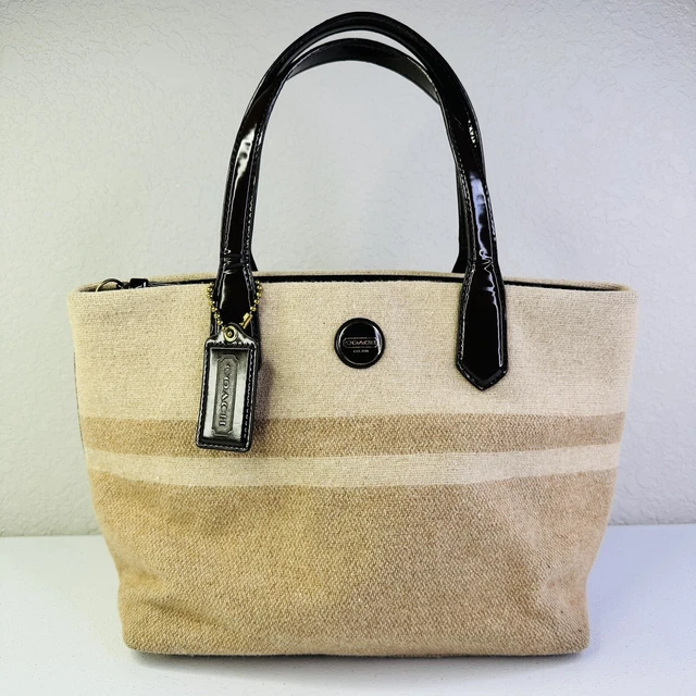 COACH Wool Blend Signature Stripe Tote Two Tone Tan w/ Brown Patent Trim F24786