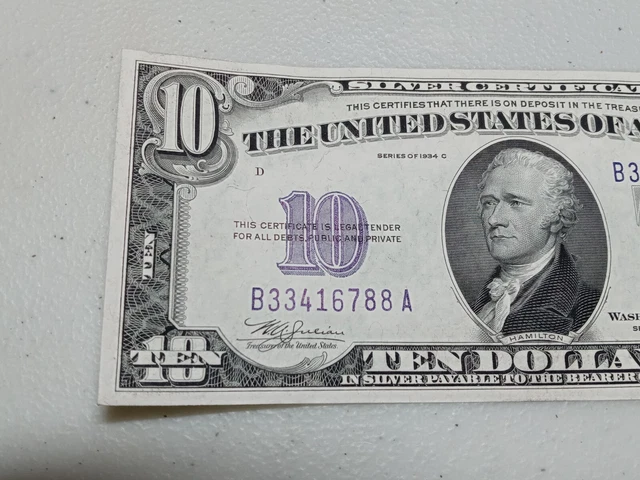 High Grade 1934 C $10 Ten Dollar Silver Certificate Note Blue Seal, A84 2
