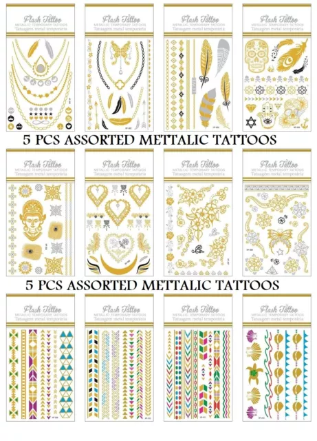 5 x ASSORTED Temporary Metallic Tattoo Flash Necklace Bracelet Ring Gold Silver