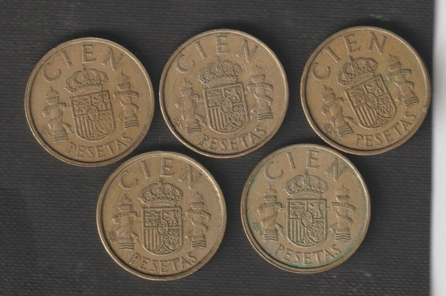 Spain, Cien (100) Pesetas Five  Coins   Espana -Various Years, 1983-4-5-6-8