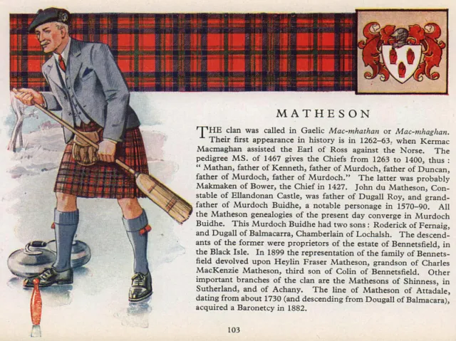 Matheson. Scotland Scottish clans tartans arms 1957 old vintage print picture