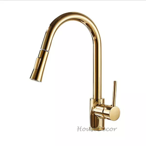 Gold Plated Single Lever Pull Out Spray Mixer Tap Swivel Spout Kitchen Sink Taps