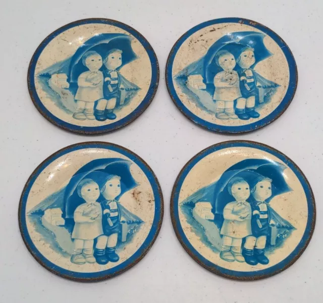 Vintage Boy Girl Umbrella Litho Tin Play Set Plates Pretend Doll Lot Of 4 BT18 H