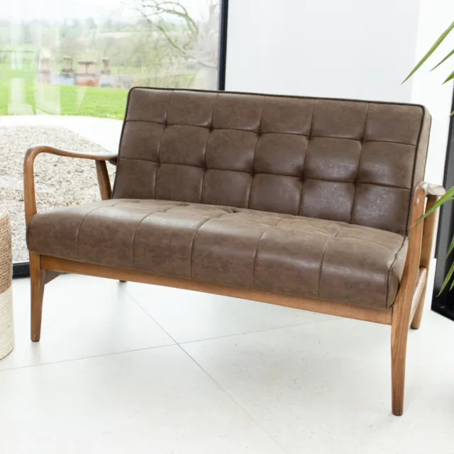 Brown Faux Leather Sofa Retro Sofa Mid-Century Modern Sofa Couch Waiting Room