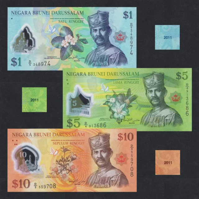 Set 2011 Brunei 1 5 10 Ringgit Polymer P-35 36 37 Unc+ +Sultan Hassanal Bolkiah