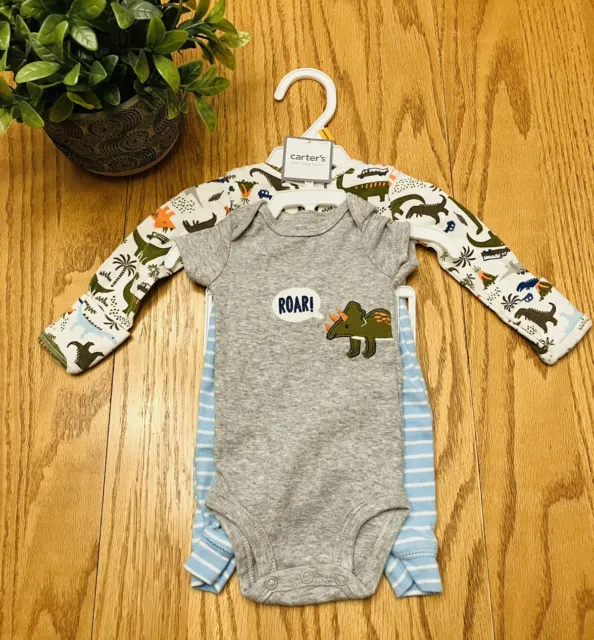 NEW Carters 3 Piece Outfit Newborn Clothes Baby Boy Dinosaur T-shirt Onzie Pants