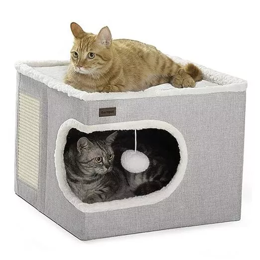 Cat Bed for Indoor Cats Cube House, Covered Cat 16.5"D x 16.5"W x 13"H Grey