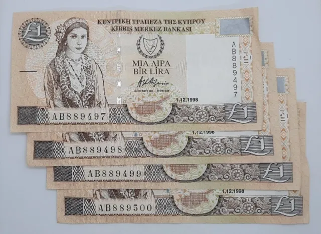 4× 1998 - Central Bank Of Cyprus - £1 (One) Lira / Pound Banknotes CONSECUTIVE