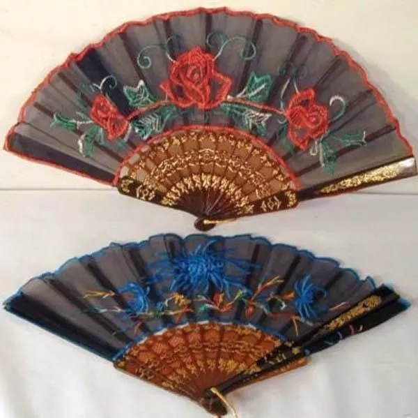 6 PC SILK EMBROIDERED FANS gift hand fan oriental decor folding new fold up cool