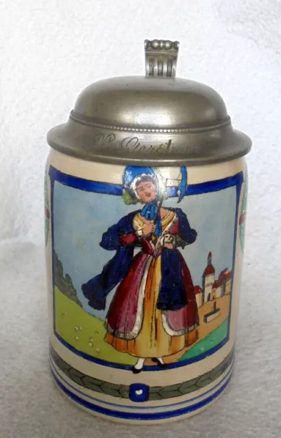 ALT Humpen Bierkrug Biedermeier Frau mit Schirm um 1900 Jugendstil Krug