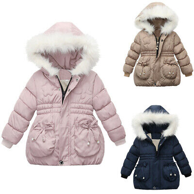 Girls Padded Coat Winter Jacket Puffer Long Fur Hooded Baby Kids Parka Cute Warm