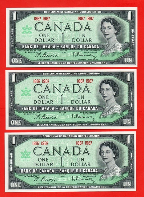 1867/1967 X 3  Canada Centennial One Dollar Bills   Have A  L@@@K