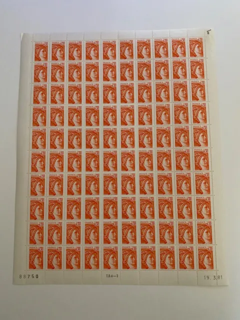 Feuille de 100 timbres avec coin daté Sabine de Gandon 0,30 orange N°1968 Y&T