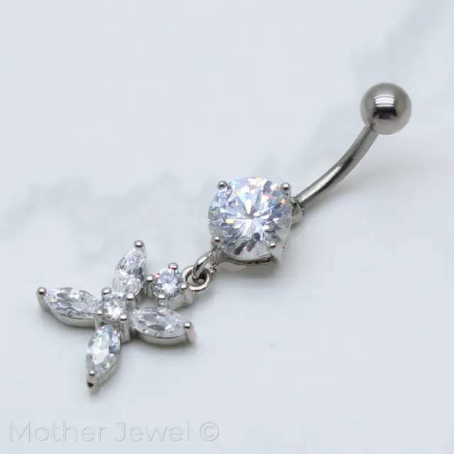 Real 925 Sterling Silver Flower Dangle Surgical Steel Navel Belly Curved Ring 2